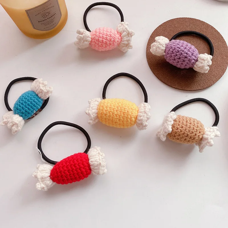 

Autumn and Winter Color Woolen Yarn Candy Color Cute Girl Heart Wild Hair Rope Hair Ring Sweet Knitted Balls Hair Accessories