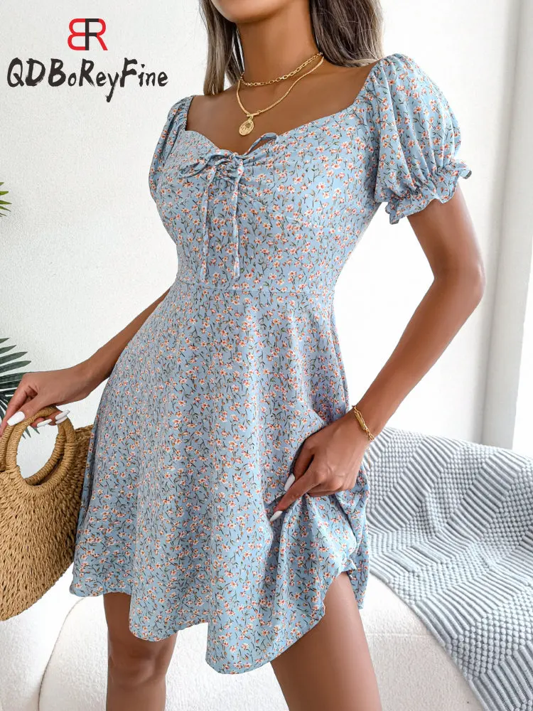 

2023 Summer Women Mini Dresses Floral Print Green Sexy Sundress Casual Chiffon Elegant Lace Up Vacation A-Line Outfits for Women