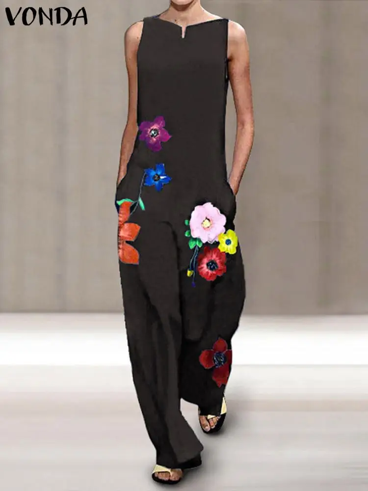 

Loose Overalls VONDA 2022 Women Lapel Neck Print Playsuits Women Rompers Jumpsuits Casual Wide Leg Pant OL Party Overalls