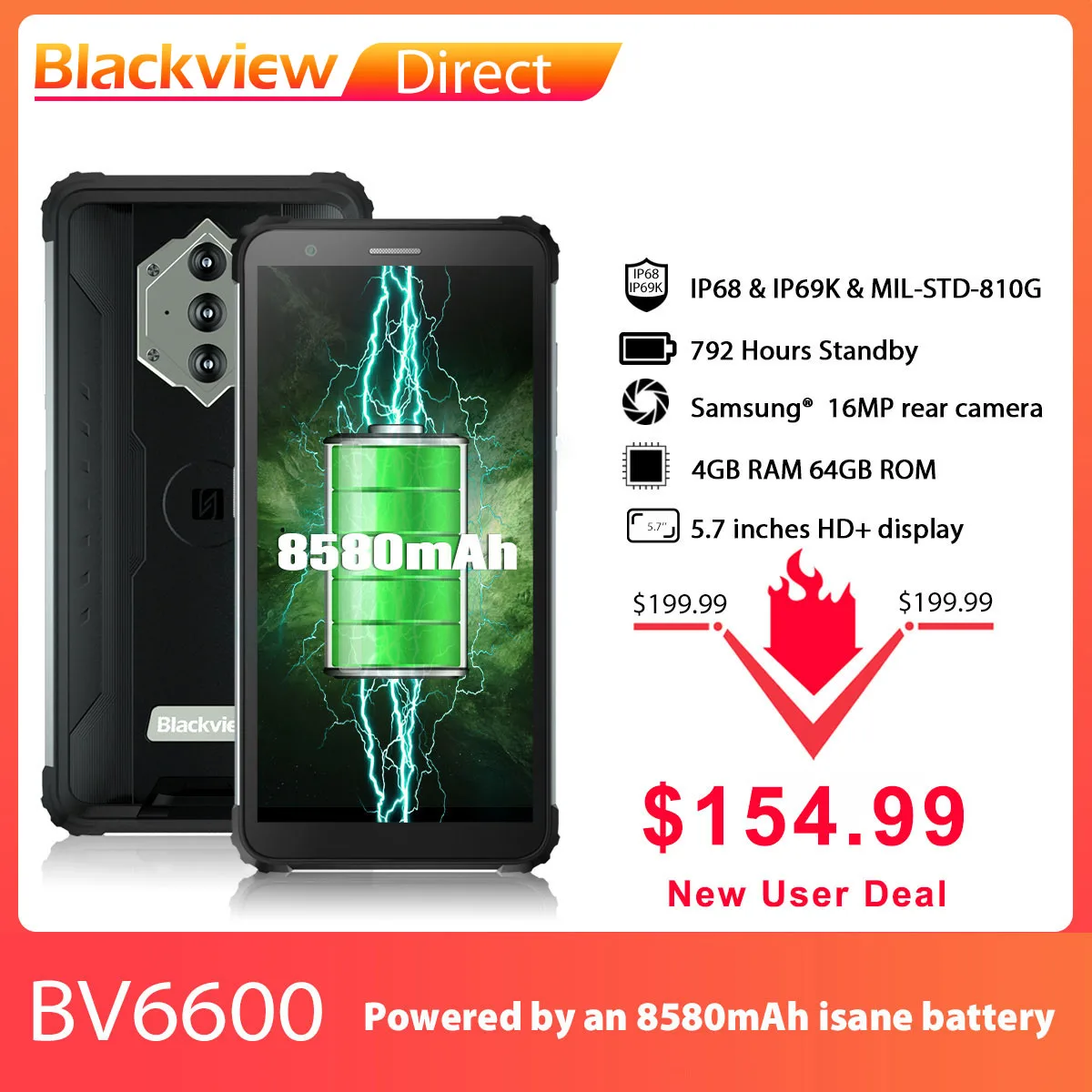 Blackview BV6600 IP68 Waterproof 8580mAh Rugged Smartphone Octa Core 4GB+64GB 5.7