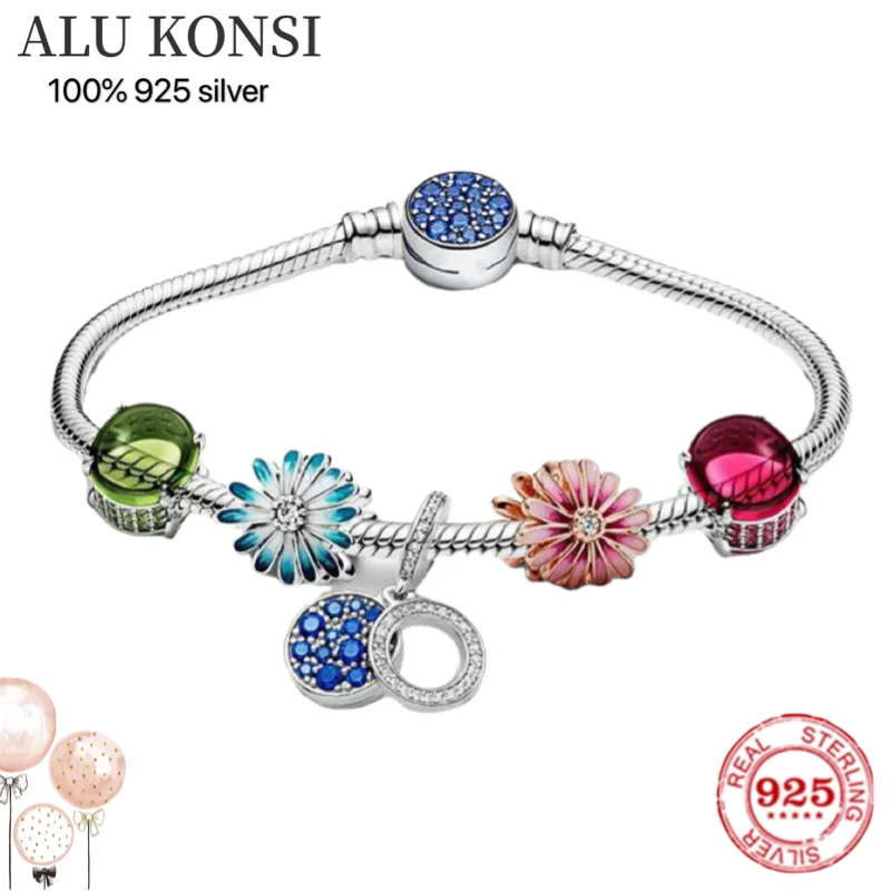 

100% 925 Sterling silver Fashion pan Charm Beaded Bracelet DIY Bangle flowers For Women Couples Lover Original Gift Jewelry