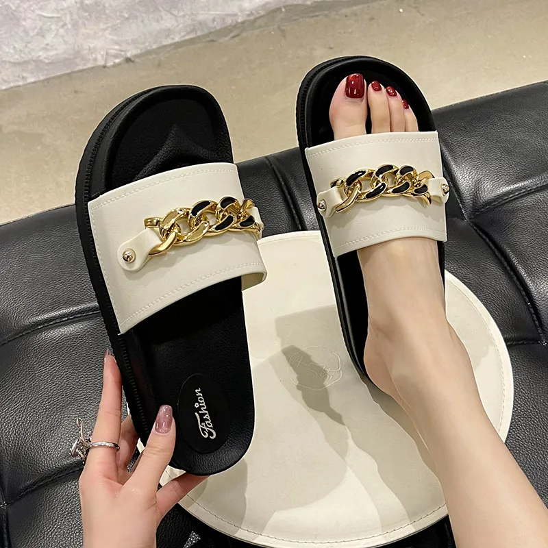 

Med Shoes Woman 2022 Slippers Summer Shale Female Beach Platform Pantofle Luxury Slides Flat Sabot New Designer Fashion PU Chain