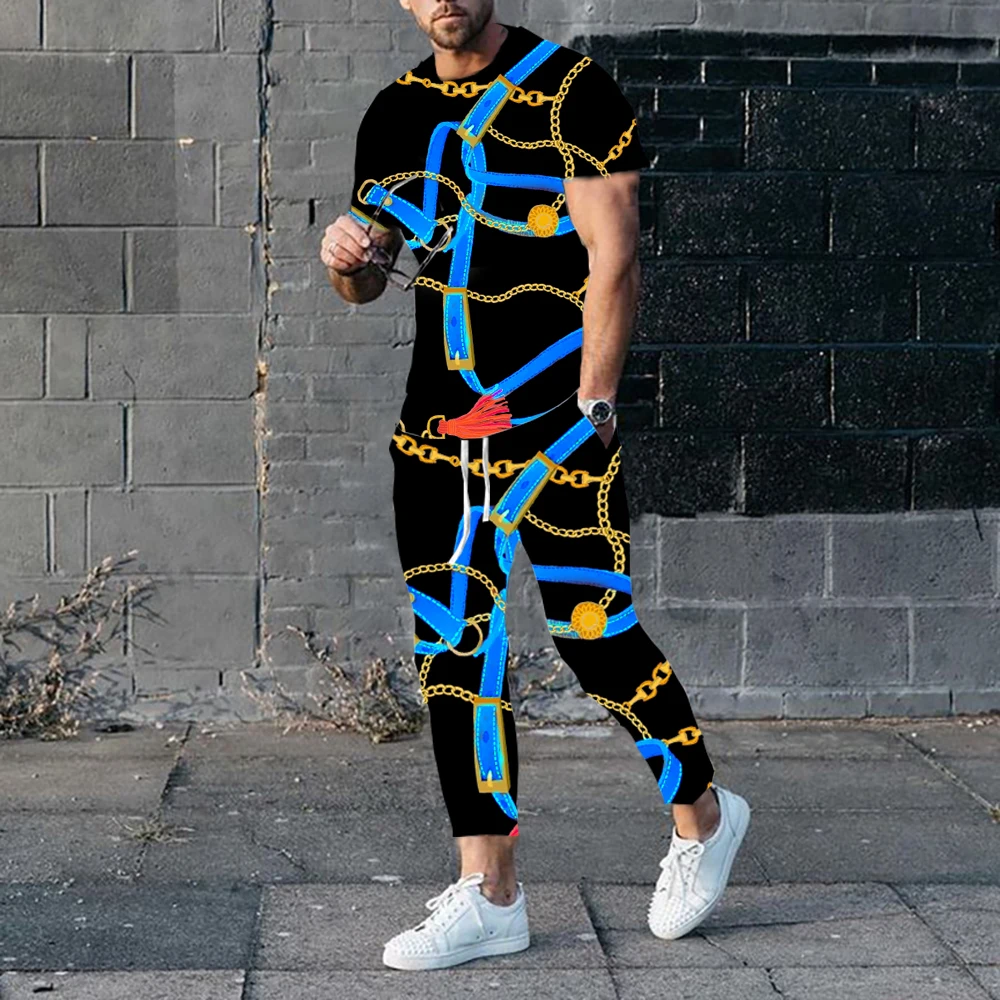 2023 Summer Men's Fashion Printed Short Sleeve Trousers Set Luxury Design Style Chain Printed Suit Plus Size  Casual Tracksuits