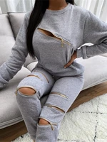 solid tracksuit women two piece set spring clothes zipper up holes pullover sweatshirt top and pants sweat suits casual outfits