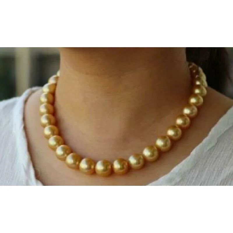 

18" AAAA 10-11mm Golden South Sea Natural Pearl Necklace 14k Pure Gold Jacques H