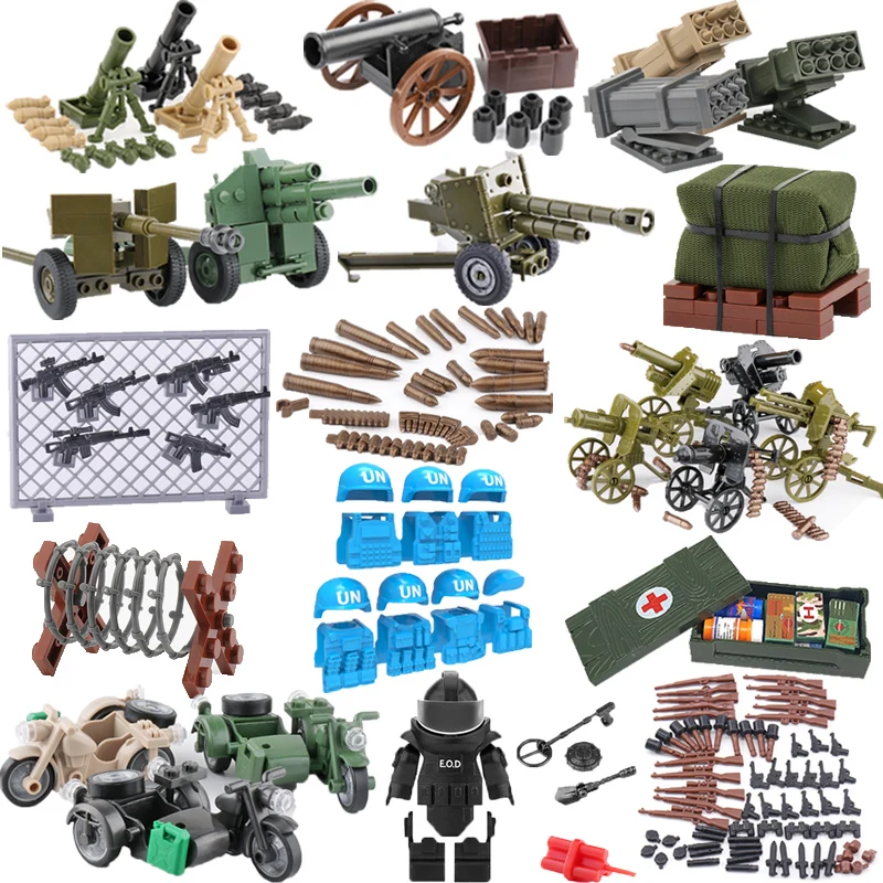 WW2 Building Blocks Figure Toy Gifts Weapon Gun MOC Mini Bricks Sticker Medicine Bottle Mortar Roadblock Vest Helmet  Motorcycle