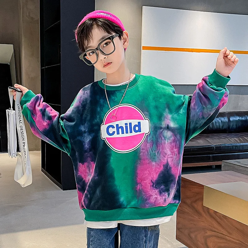 

2022 Tie Dye Print Boy Long Sleeve T Shirt Tops O-neck Spring Autumn Teens Boy Tops Hip Hop Loose Sweatshirt Crewneck Streetwear