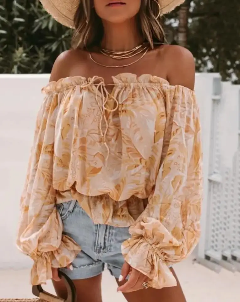 

Women Lantern Sleeve Top Bohemian Print Frill Hem Long Sleeve Blouse Elegant Chic Beach Wear Fashion All-Match Streetwear