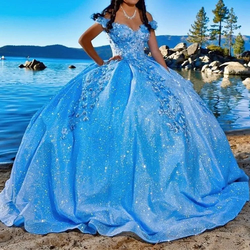 

Светло-Голубое Бальное платье, платья Quinceanera с вышитыми рукавами, милое Тюлевое кружевное платье с аппликацией, милое праздничное платье 16 д...