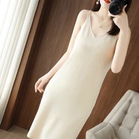 four seasons moze summer new ice silk knitted suspender dress v neck korean version solid color slim fashion sexy all match