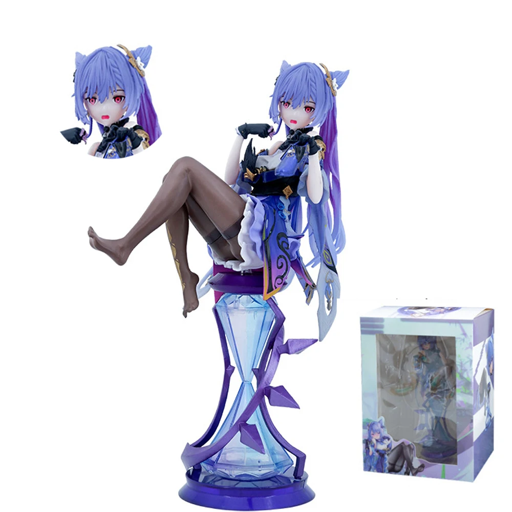 

22CM Genshin Impact Anime Figure Keqing PVC Action Figure Sexy Black Silk Legs Sitting Game Figurine Collection Model Doll Gift