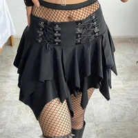 women fashion black skirt pleated patchwork solid color slim high waist ruffle gothic style summer ladies irregular a line skirt
