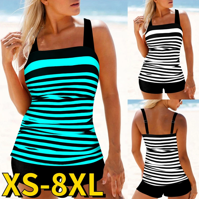 

Summer Women's Fashion Stripe Print Tankini Sexy Backless Monokini Beach Loose Size Bikini High Waist Two Piece Set Swimsuit
