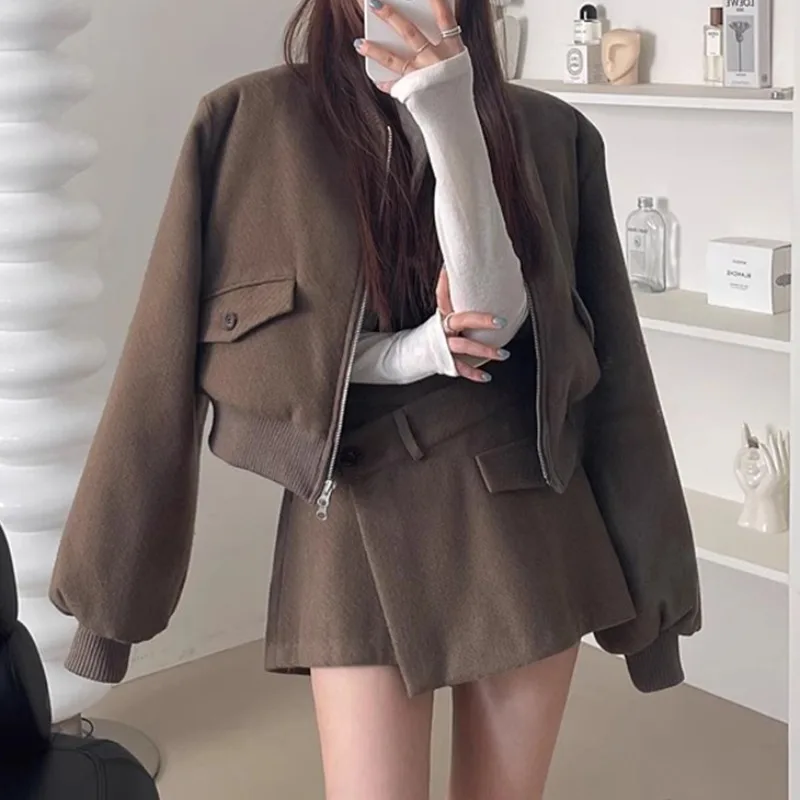 Корейские шикарные женские комплекты 2025 года куртки на молнии с длинными