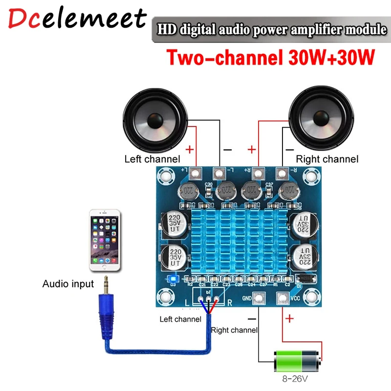 

TPA3110 XH-A232 30W+30W 2.0 Channel Digital Stereo Audio Power Amplifier Board DC 8V-26V 3A C6-001 for Arduino Home TV Speaker