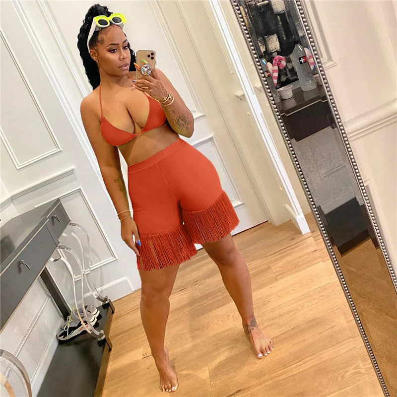 

Beachwear Two Piece Set Women Summer Clothes Halter Bra and Tassel Shorts Sets Vacation Sexy Outfits for Woman Wholesale Items