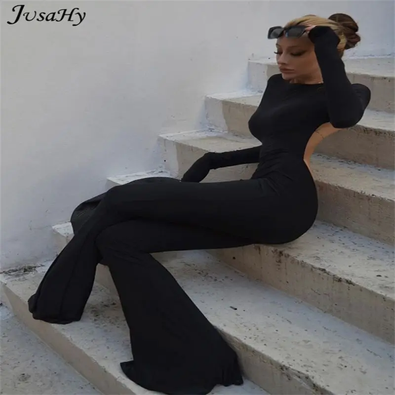 

JuSaHy Summer Y2K Solid Black Basic Bodysuit for Women Fashion Long Sleeves Halter Backless Flare Pants Simple Casual Streetwear