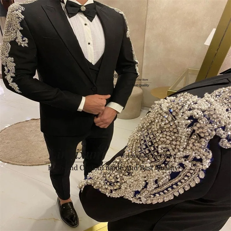 

Luxury Black Men's Slim Fit Suits Handmade Crystal Beads 3Pieces Wedding Suits Tuxedos Peaked Lapel Business Blazer Jacket Pants