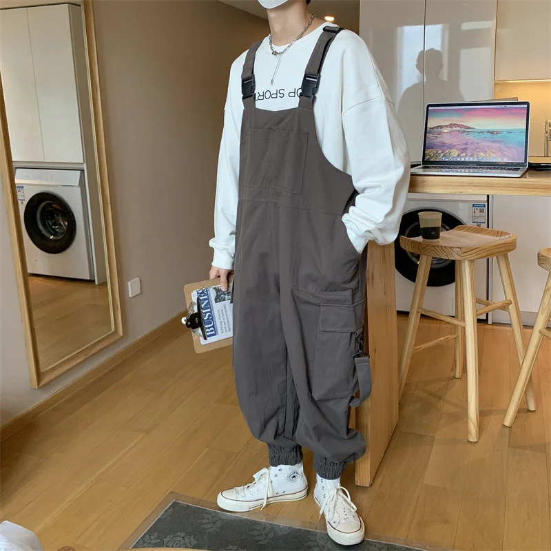 

Suspenders Jumpsuit Pants Men Summer Overalls Japanese Loose Straps Casual Pockets Unisex Oversize Streetwear Solid Man Clotin