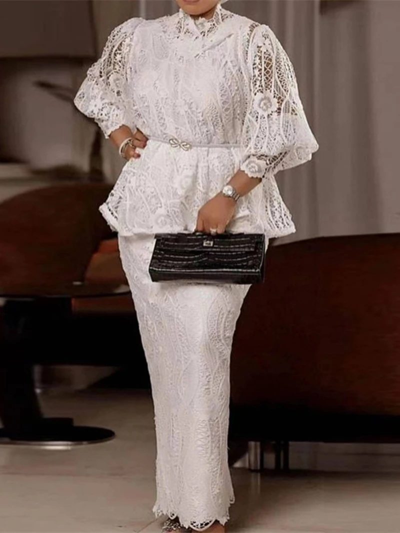 

Elegant Skirt Sets for Women Two 2 Piece Set Outfits Autumn Clothing Lace Crochet Top Bodycon Skirt Suit CHIC Dress Sets No Belt