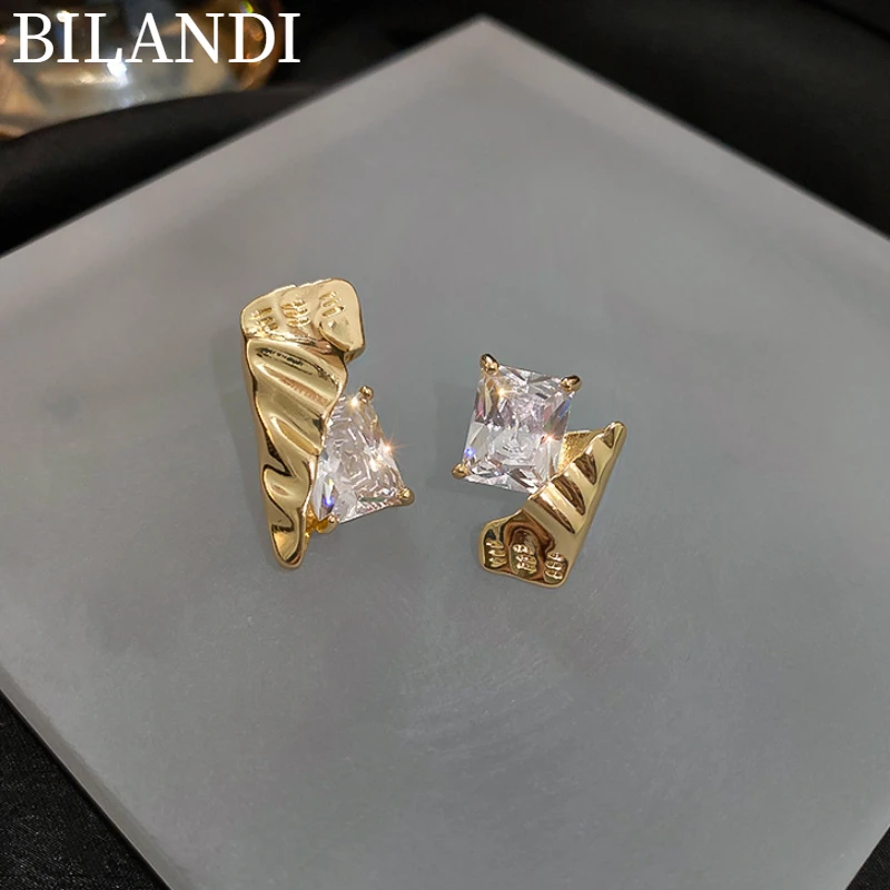 

Bilandi 925 Silver Needle Modern Jewelry Asymmetrical Geometric Earrings 2022 New Trend Crystal Stud Earrings For Girl Gifts