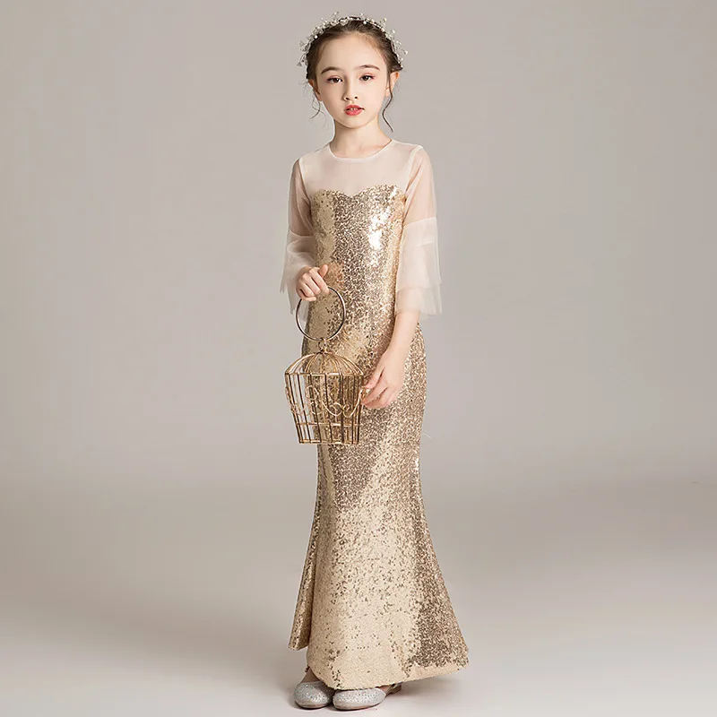 

Child Girl Evening Dress Party Birthday Gowns Cute Kids Sequins Mermaid Vestidos Pink Champagne Prom Dresses for 3 and 15 Years