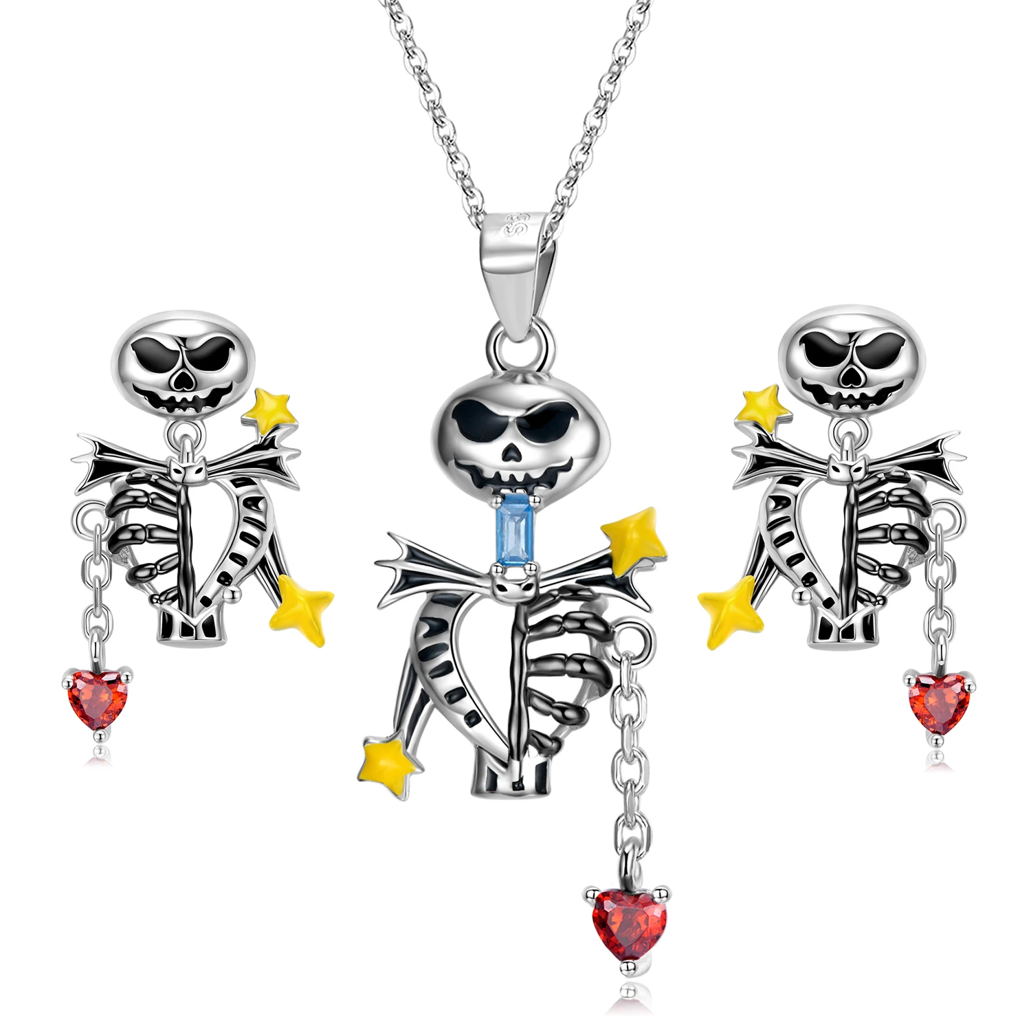 

MIKIWUU 925 Sterling Silver Skull Skeleton Love Drop Pendant Jewelry Set Colorful Crystals Necklace Earring Gift for Women