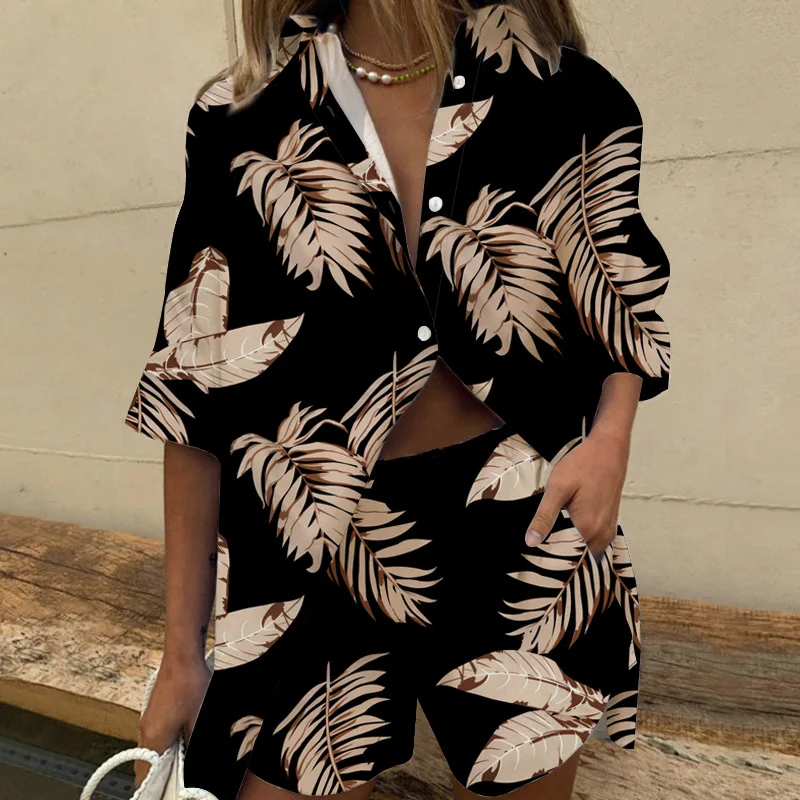 

Summer Beach Suit Women Leaf Printed Two Piece Set Elegant Casual Lapel Single Breasted Shirt Loose Pants Shorts Outfit Set
