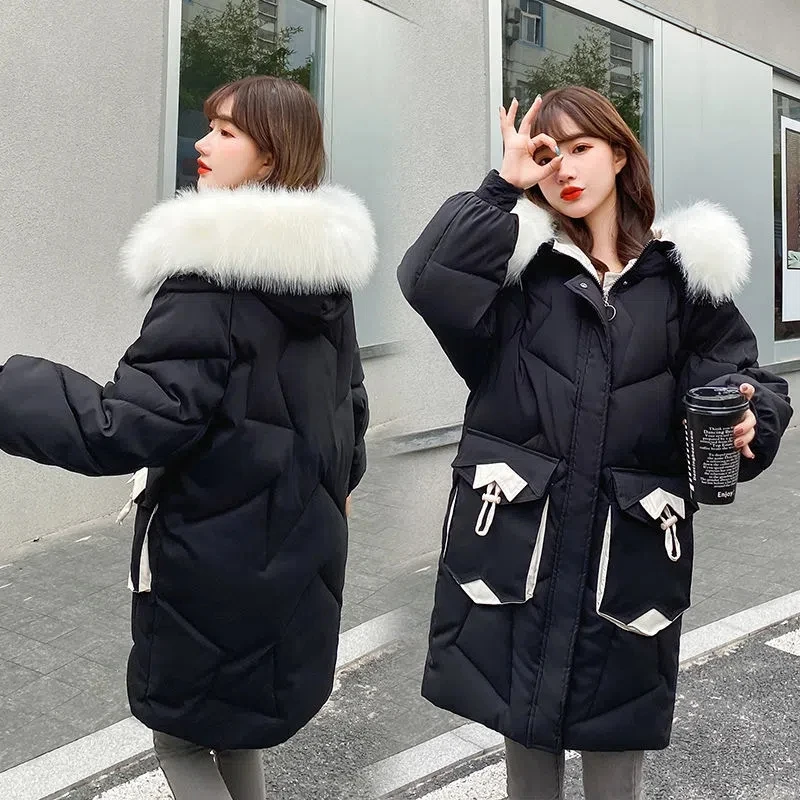 Down Cotton Jacket Women 2022 Winter New Casual Fashion All-match Padded Coat Female Hooded Long Thick Fur Collar Warm Parkas