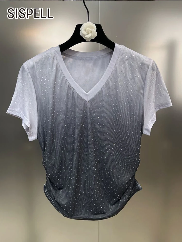 

SISPELL Casual Gradient Patchwork Diamonds T Shirt For Women V Neck Short Sleeve Folds Sheer Summer T Shirts Female Fashion New