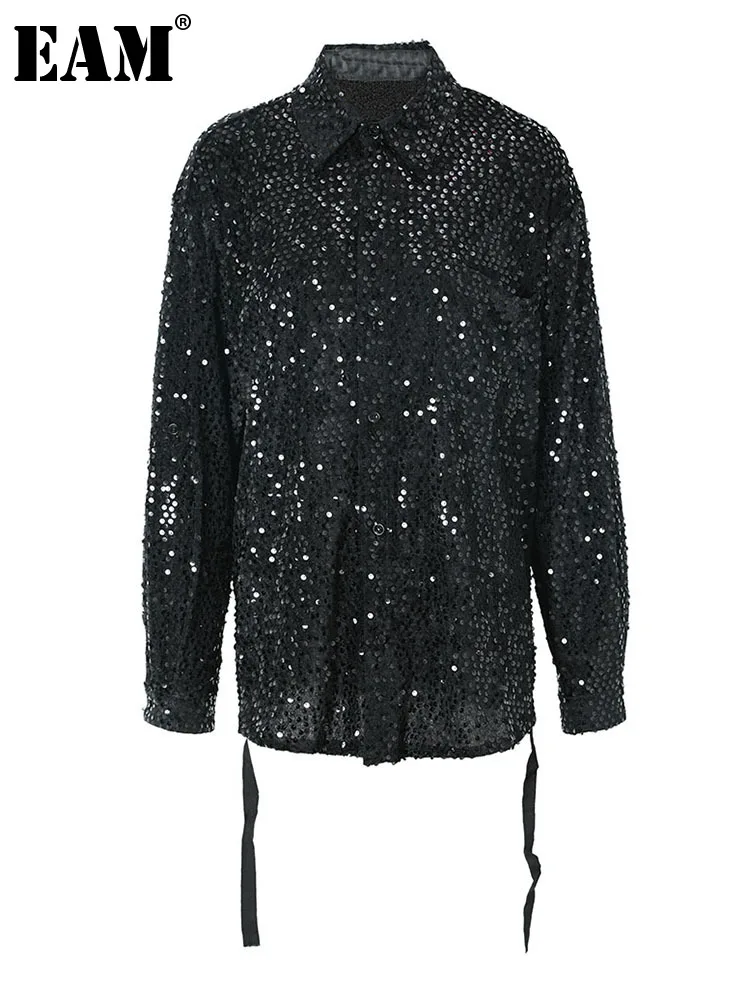 

[EAM] Women Black Sequins Ribbon Big Size Blouse New Lapel Long Sleeve Loose Fit Shirt Fashion Tide Spring Autumn 2023 1DF3144