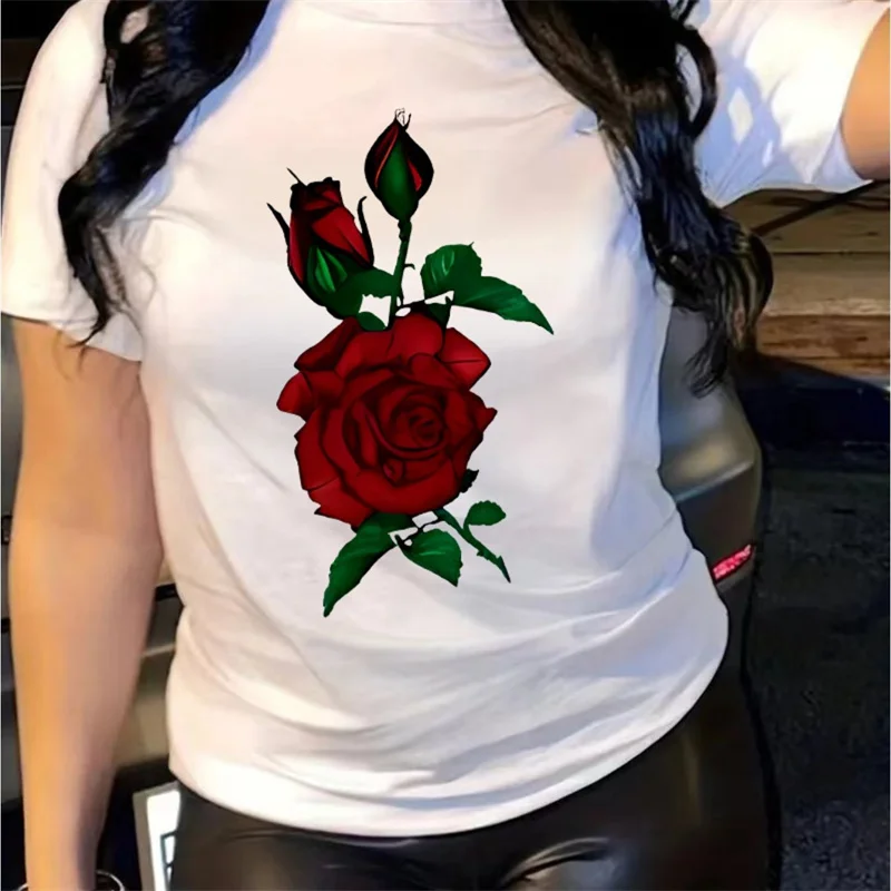 Rose Women's T-shirt Simple And High-end Y2k Fashionable Comfortable Flower Pattern Short Sleeved Casual O-neck Top