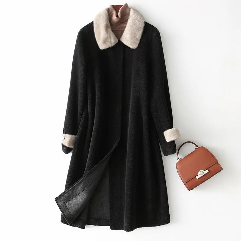 

Женские зимние пальто, пальто для стрижки овцы, женская одежда, меховое пальто с норковым воротником, женская меховая куртка средней длины, ...