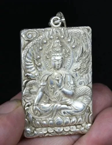 5 см старый китайский Мяо серебряный фэн-шуй Гуань Инь Кван-инь дракон амулет