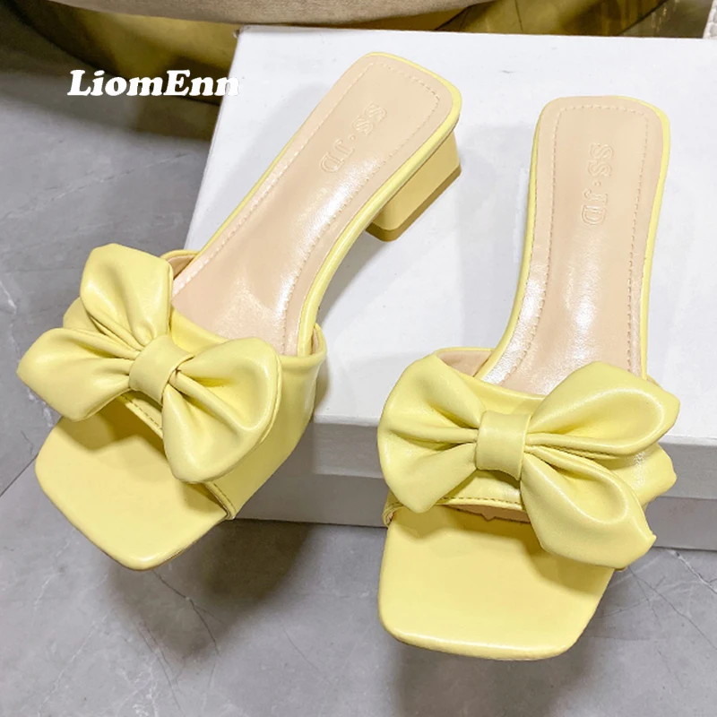 

Женские босоножки на среднем каблуке, повседневные сандалии с квадратным носком и бабочкой, уличная элегантная зеленая обувь с бантом, Разм...