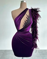sexy short purple cocktail for women one shoulder feathers beads prom gowns charming illusion party gowns plus size custom made