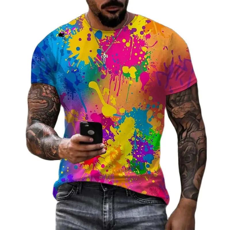 

New Rainbow Paint Splatter Print T-shirt Men Women Summer Hipster Colorful Ink 3D T Shirt Unisex Street Harajuku Oversized Tops