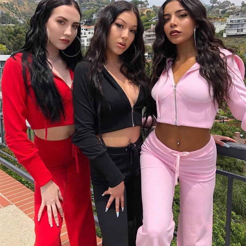 

Fashion Hoodie Two Piece Sets Women 2022 New Knitted Cotton Casual Sportswear Tube Crop Tops High Waist Wide Leg Pants Tracksuit