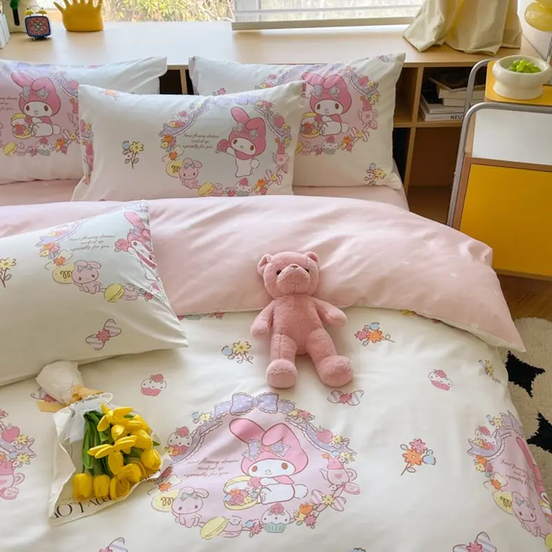 

Постельное белье Sanrios Kuromi My Melody Cinnamoroll Hellokittys из хлопка, комплект из четырех предметов, простыня, пододеяльник для общежития, комплект из трех...