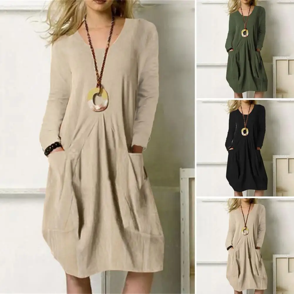 

O-neck Pleated Pockets Design Women Dress Autumn Solid Color Long Sleeve Pullover Dress Streetwear