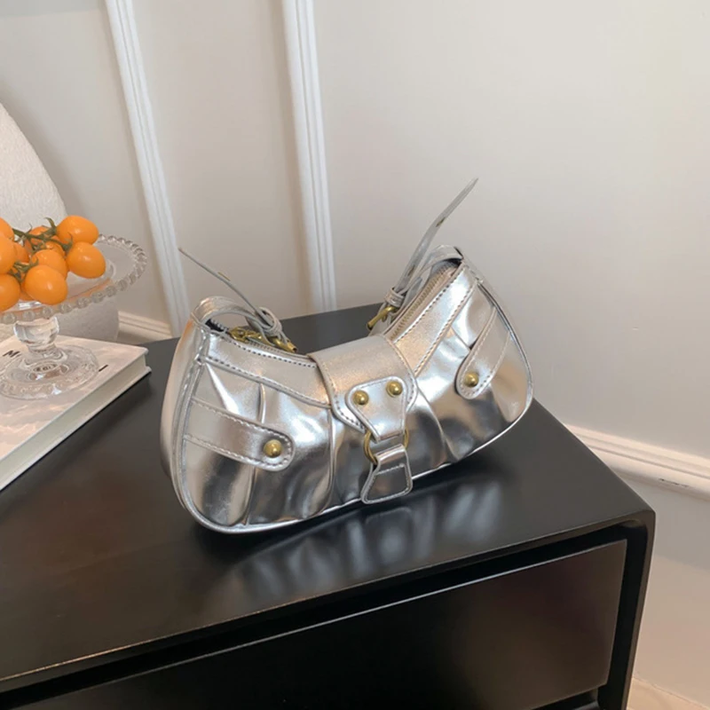 

Y2k Gothic Leather Shoulder Bag Silver Pleated Rivets Hobos Handbags 2023 Fashion Cool Summer Female Crossbody Bags New