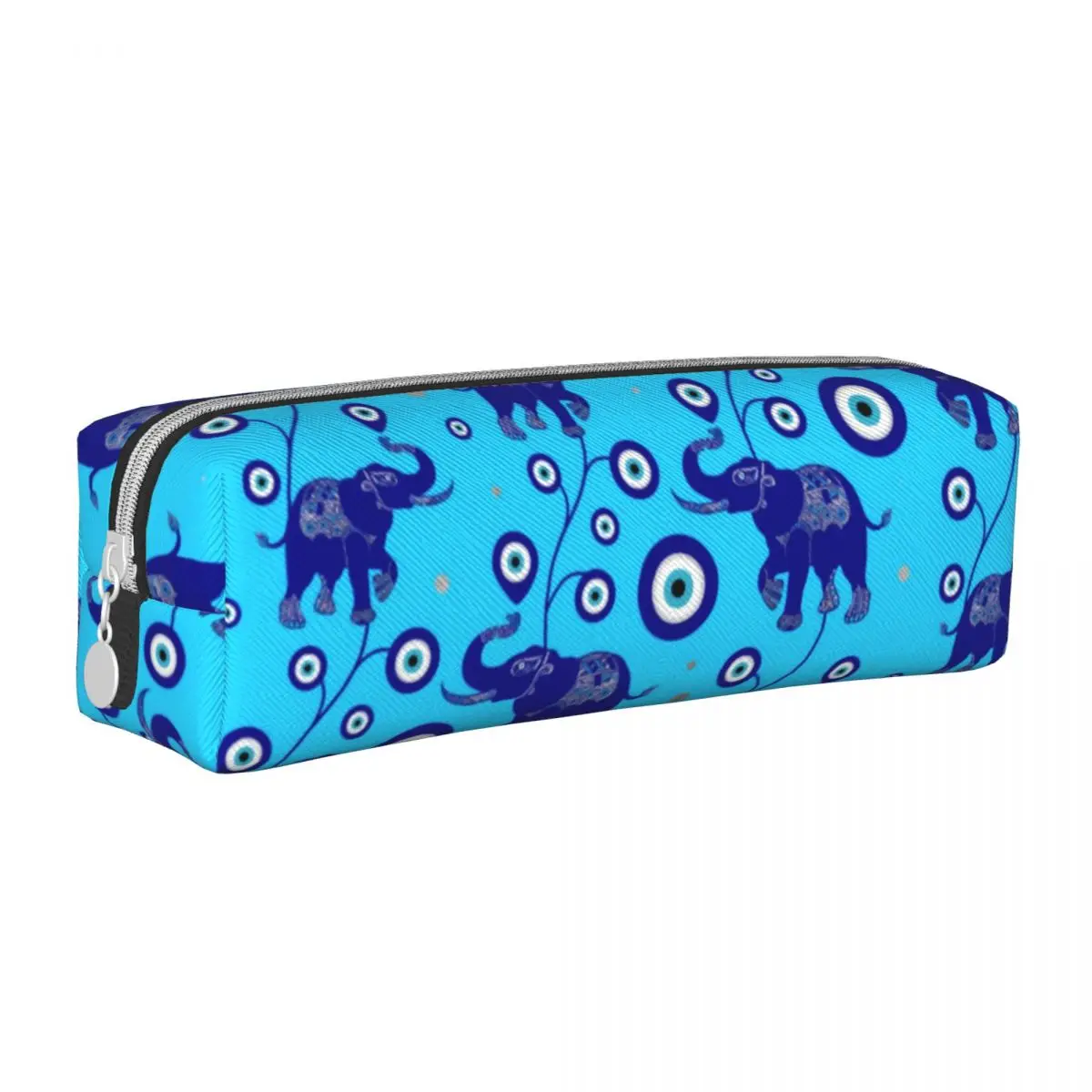 

Elephant Evil Eye Square Pencil Case Blue Amulet Print Teens Cute Leather Pencil Box Stationery Zipper Pen Pouch