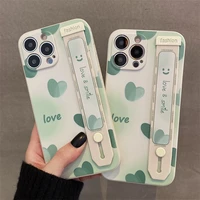 wrist strap phone holder case for iphone 13 11 12 pro max xs xr x 7 8 plus green love heart smile soft silicone protection cover