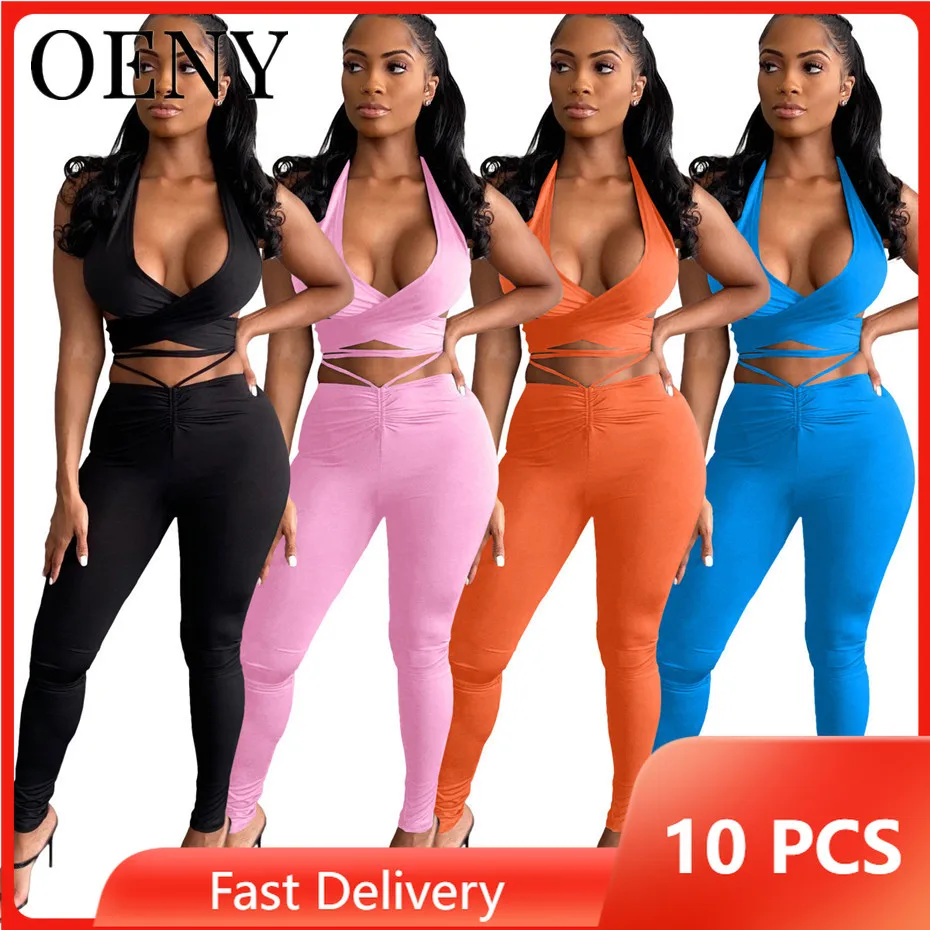 

New Summer Women Solid Color Sleeveless 2Piece Set Chest Cross Bandage Hanging Neck and Bareback Wholesale Items Bulk Lots O7613