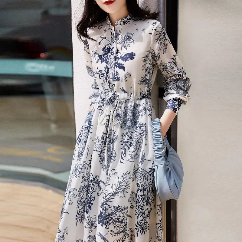 

French Style Womens Floral Print Dress 2023 Spring Summer Stand Collar Waist Drawstring A-line Mid-calf Dresses Female Vestido