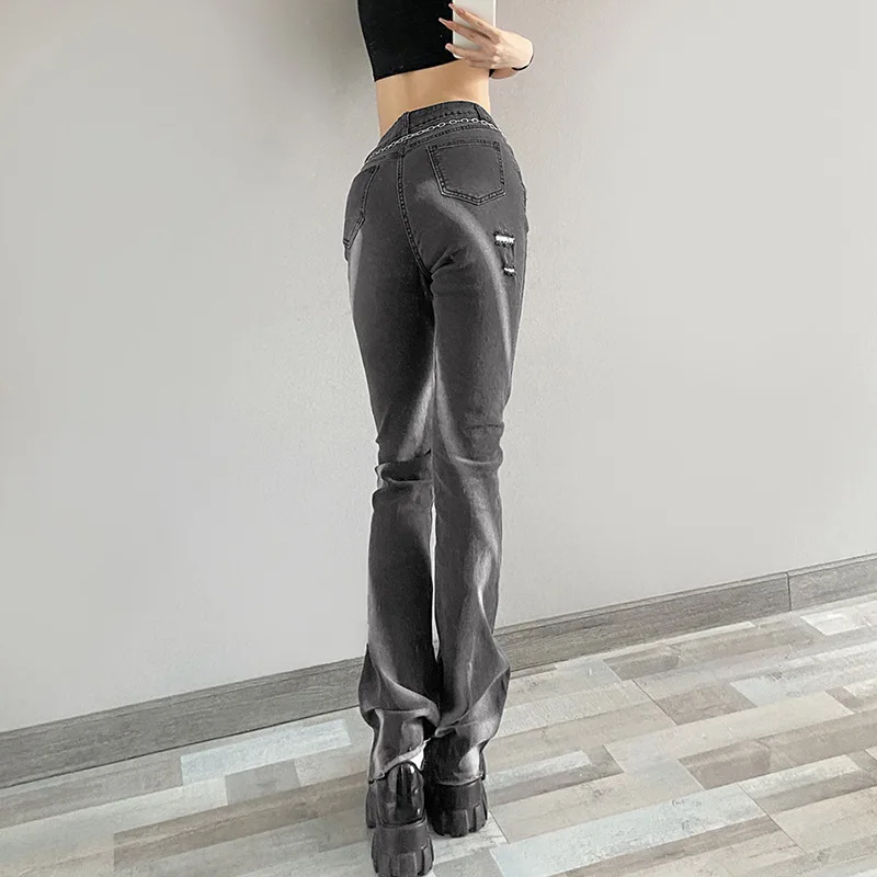 Punk Aesthetics Skinny Y2K Streetwear Trousers Women's High Waist Slimming Printed Straight-leg Ripped Casual Street Style Jeans