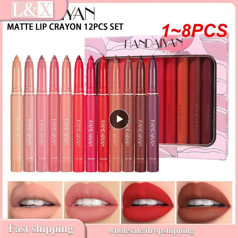

1~8PCS 12 Colors Matte Waterproof Velvet Lipstick Pencil Sexy Red Brown Pigments Makeup Long Lasting Profissional