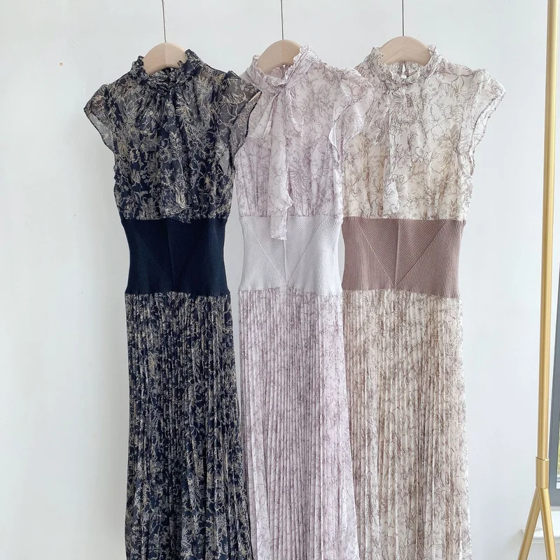 

Dresses Women Half High Collar Little Flying Sleeve Robe Print Screw Thread Splicing Empire Dresses Summer Vestido Japan Style