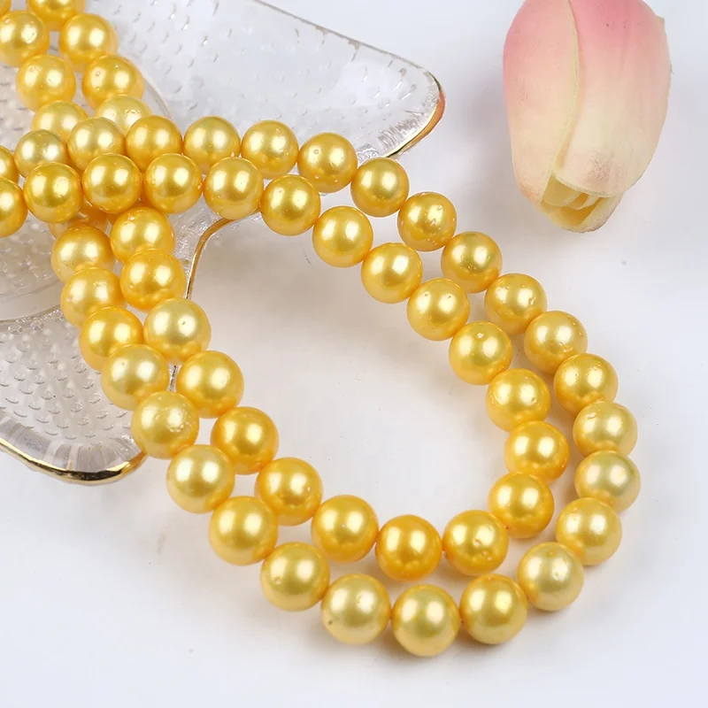 Wholesale 9-11mm freshwater pearl dyed gold color edison round loose pearls strand for jewelry making
