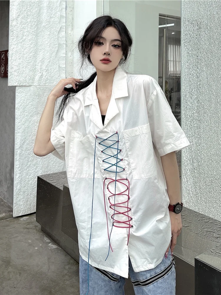 

2022 Summer Solid Shirt Bandage Design Short Sleeve Blouse Women Y2k Korean Chic Fashion Ladies Top Loose Femme Blusas All Match